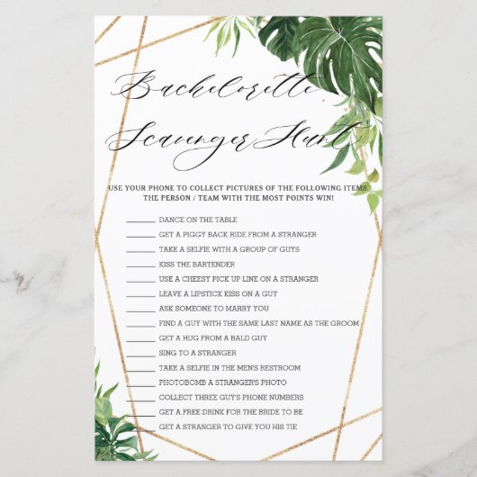 Tropische Greenery Bridal Scavenger Hunt Game (Voorkant)