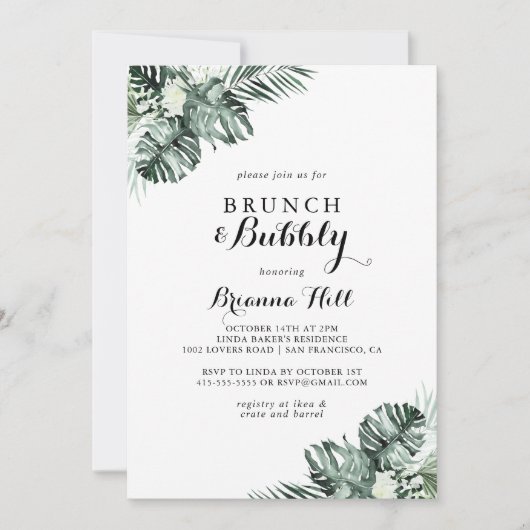 Tropische Greenery Brunch en Bubble Vrijgezellenfe Kaart (Voorkant)