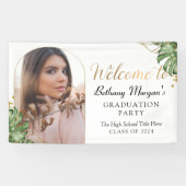 Tropische Greenery Gold Arch Foto Graduy Party Spandoek (Horizontaal)