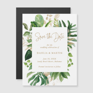 Tropische Greenery Gold Modern Save the Date Magnetische Uitnodiging