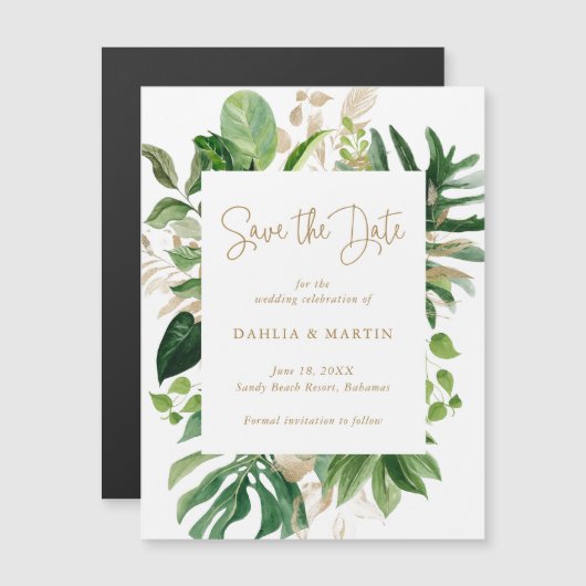 Tropische Greenery Gold Modern Save the Date Magnetische Uitnodiging (Voorkant / Achterkant)