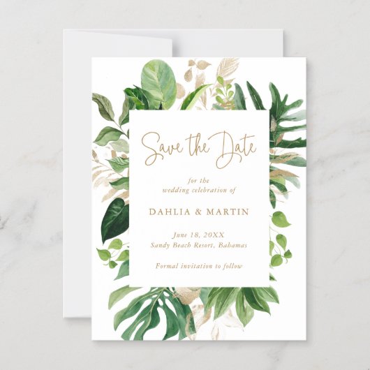 Tropische Greenery Gold Modern Save the Date Magnetische Uitnodiging (Voorkant)