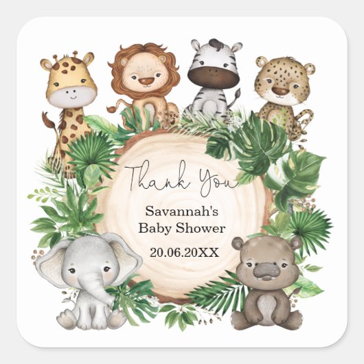 Tropische Greenery Safari Oerwoud Baby Animals Fav Vierkante Sticker (Voorkant)