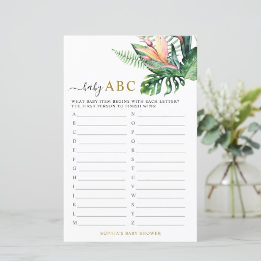 Tropische Greenery Shower Baby ABC-gamekaart (Staand voorkant)