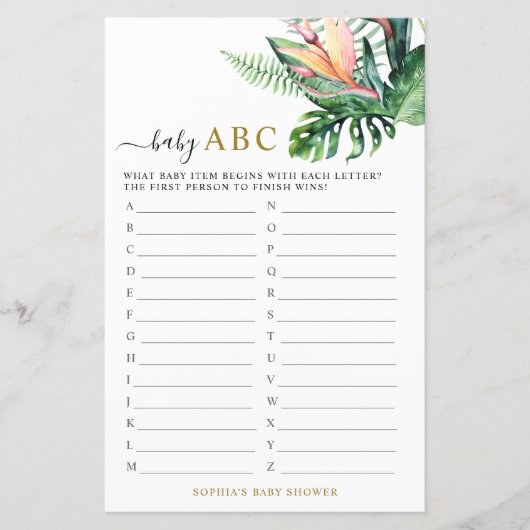 Tropische Greenery Shower Baby ABC-gamekaart (Voorkant)