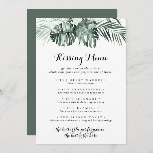 Tropische Greenery Wedding Kissing Menu Game Card (Voorkant / Achterkant)