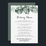 Tropische Greenery Wedding Kissing Menu Game Card<br><div class="desc">Deze tropische groenery bruiloft menukaart is perfect voor een rustige trouwreceptie. Het ontwerp bevat groene palmbladeren met witte mooie bloemen.</div>