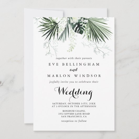 Tropische Greenery White Front & Back Wedding Kaart (Voorkant)