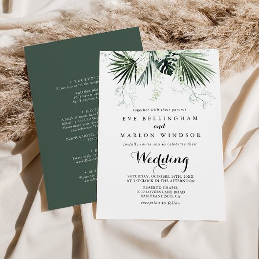 Tropische Greenery White Front & Back Wedding Kaart