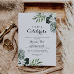 Tropische Greenery White Let's Celebrate Party Kaart<br><div class="desc">Deze tropische groenwitte feestdag is perfect voor een feestelijke verlovingspartij,  een vrijgezellenfeest,  een pensionering,  een afstuderen,  een bruiloft na een feestje of een evenement of feest. Het ontwerp bevat groene palmbladeren met witte mooie bloemen.</div>