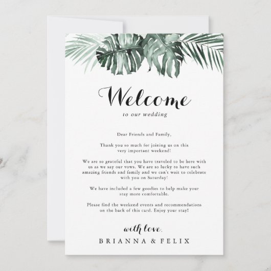 Tropische Greenery White Wedding Welcome Letter (Voorkant)