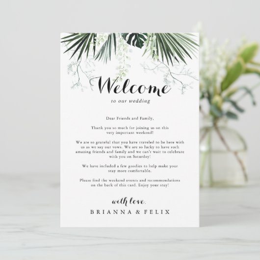 Tropische Greenery White Wedding Welcome Letter (Staand voorkant)