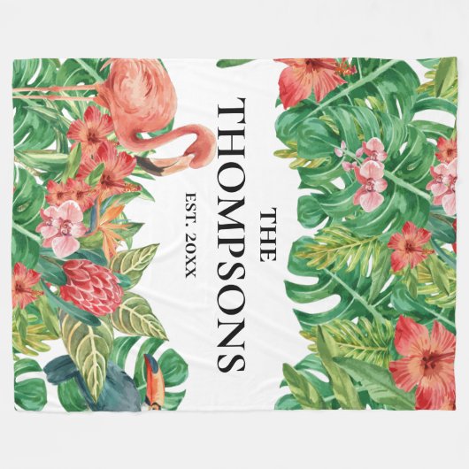 Tropische groen olievlek roze flamingo familie fleece deken (Voorkant (Horizontaal))