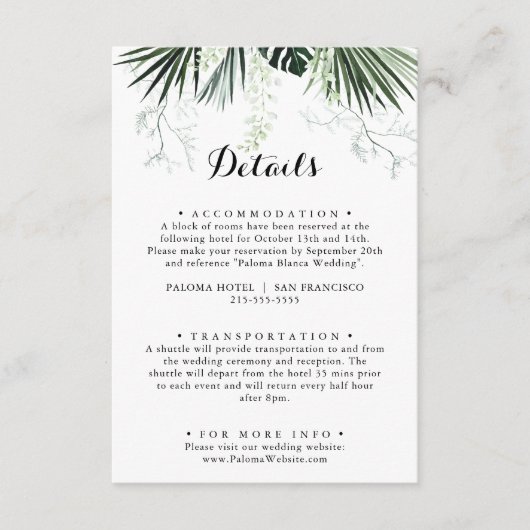 Tropische groen-witte Floral bruiloft details Informatiekaartje (Voorkant)