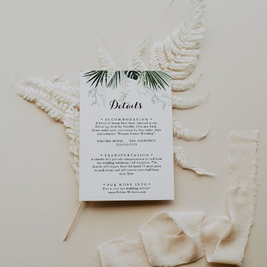 Tropische groen-witte Floral bruiloft details Informatiekaartje