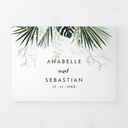 Tropische groen-witte Floral bruiloft Drieluik Uitnodiging (Cover)