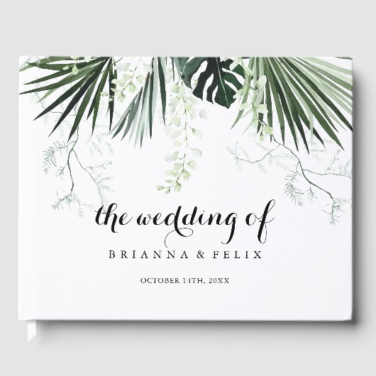 Tropische groen-witte Floral bruiloft Gastenboek (Voorkant)
