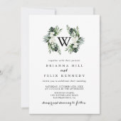 Tropische groen-witte Floral-monogram bruiloft Kaart (Voorkant)