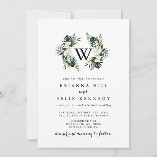 Tropische groen-witte Floral-monogram bruiloft Kaart (Voorkant)