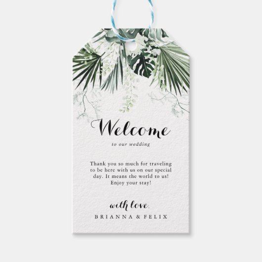 Tropische groen-witte Floral Weddenschap Welkom Cadeaulabel (Voorkant)