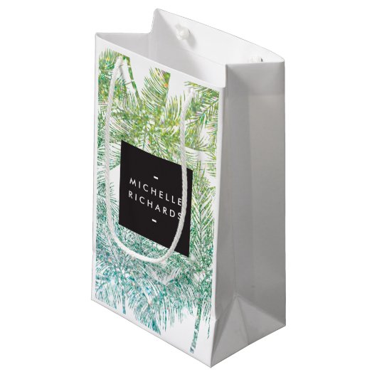 Tropische Groene/Aqua Glitter Palmen Gift Bag Klein Cadeauzakje (Voorkant Gekanteld)