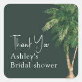 Tropische groene belettering palmboom bruiloft bed vierkante sticker (Voorkant)