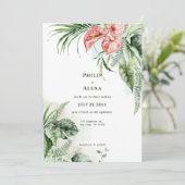 Tropische groene bladeren anthurium bloemen bruilo kaart (Staand voorkant)