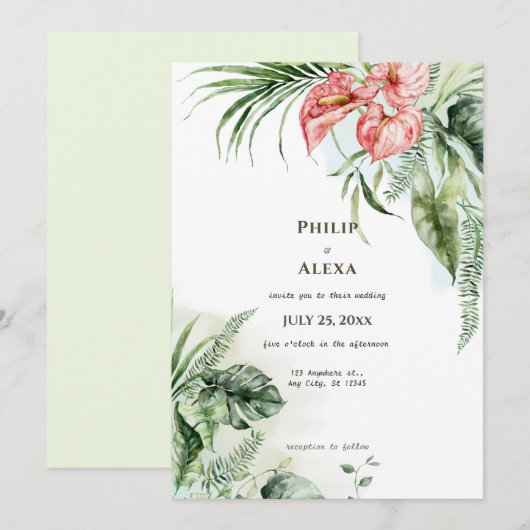 Tropische groene bladeren anthurium bloemen bruilo kaart (Voorkant / Achterkant)