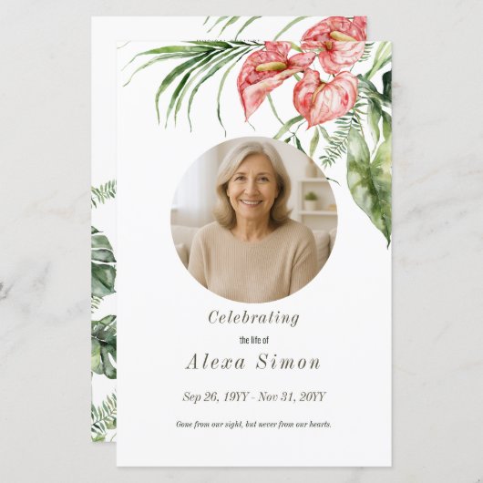 Tropische groene bladeren Anthurium Uitvaartprogra (Voorkant / Achterkant)