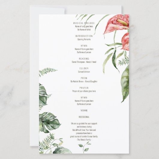 Tropische groene bladeren Anthurium Uitvaartprogra (Achterkant)