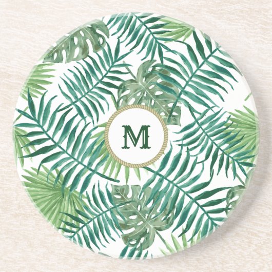 Tropische groene bladeren met aangepast monogram zandsteen onderzetter (Voorkant)