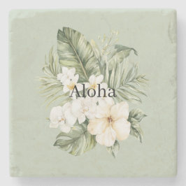 Tropische groene bladeren Witte Hibiscus Orchideeë Stenen Onderzetter