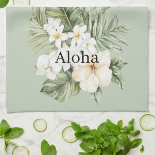 Tropische groene bladeren Witte Hibiscus Orchideeë Theedoek