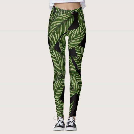 Tropische groene bladeren zwart leggings (Voorkant)