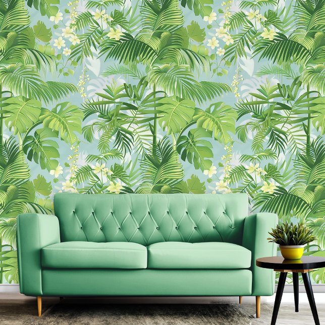 Tropische groene bloemen & bladeren zomerstrand vi behang (Tropical Green Flowers & Leaves Summer Beach Vibes Wallpaper)