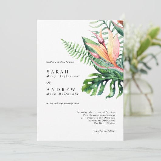 Tropische groene bloemen Moderne Minimale bruiloft Kaart (Staand voorkant)