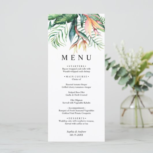 Tropische groene bloemen Moderne Minimale bruiloft Menu (Staand voorkant)