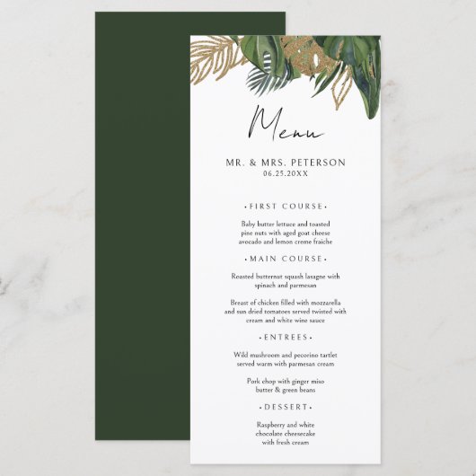 Tropische groene botanische zomer boho bruiloft menu (Voorkant / Achterkant)