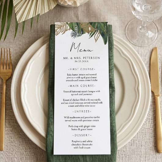 Tropische groene botanische zomer boho bruiloft menu