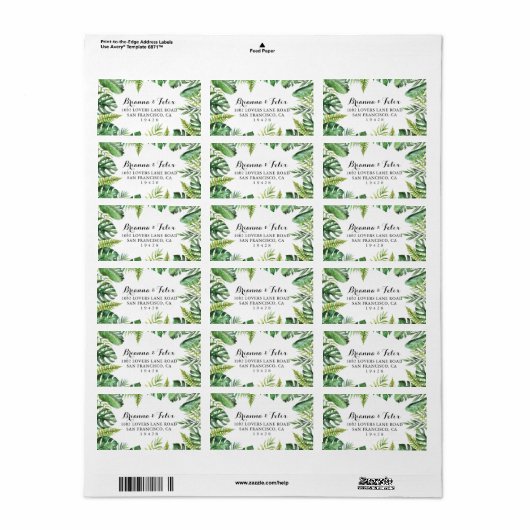 Tropische groene bruiloft RSVP-adres bestemming Etiket (Full Sheet)
