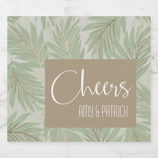 Tropische groene en gouden bladeren op pagina's sparkling wijnetiket (Enkel label)