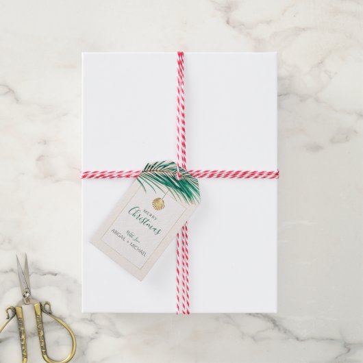 Tropische Groene en Gouden Palmboom Kerstmis Cadeaulabel (Met Touw)