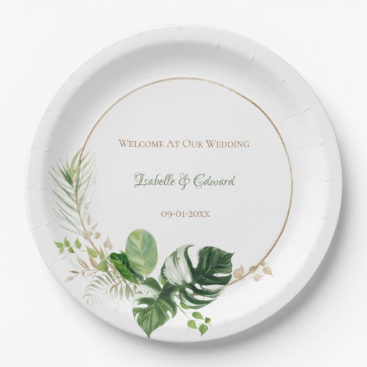 Tropische groene en gouden Waterverf palmbladeren Papieren Bordje (Voorkant)