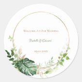 Tropische groene en gouden Waterverf palmbladeren Ronde Sticker (Voorkant)