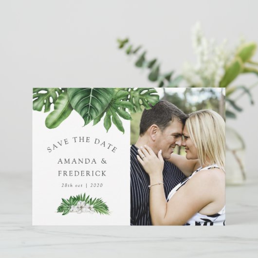 Tropische groene geometrische trouwkaart 'Save the Save The Date (Staand voorkant)