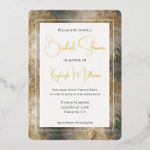 Tropische groene gouden bladeren bruidsdouche folie uitnodiging (Voorkant)