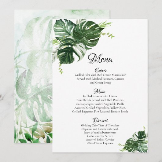 Tropische Groene Monstera Bladeren Bruiloft Menu (Voorkant / Achterkant)