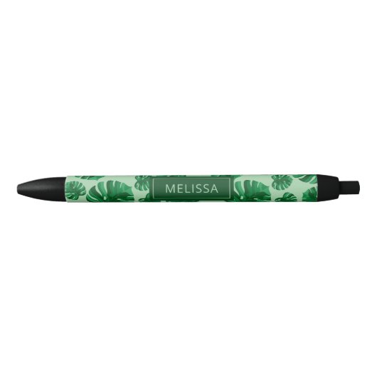 Tropische groene Monstera Palm Leaves & Custom Nam Zwarte Inkt Pen (Voorkant)