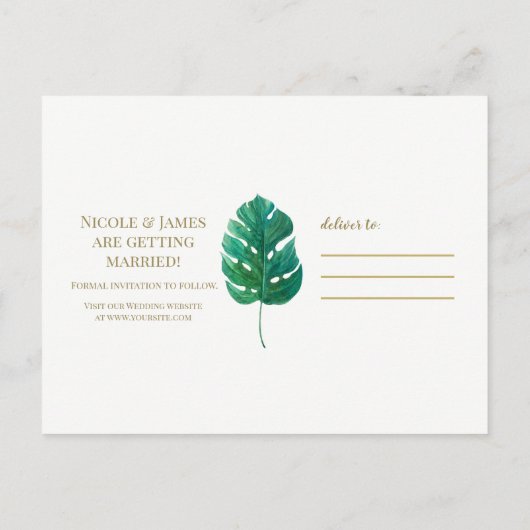 Tropische Groene Palm Leaf Hawaiian Save the Date Aankondigingskaart (Achterkant)