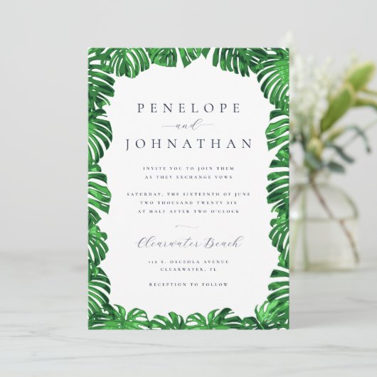 Tropische groene palm verlaat moderne bruiloft kaart (Staand voorkant)
